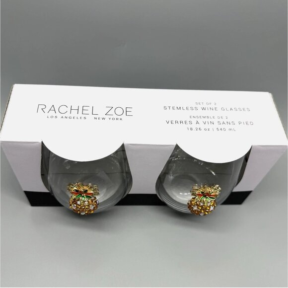 x2 Rachel Zoe Rhinestone Pineapple Stemless Wine Glass Set Gold Bling Tropical - Picture 4 of 5